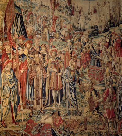 Tapeçaria de David e Bethsabee: os Braços de Joab. Tapeçaria baseada num desenho de Jan Van Roome feito nos ateliers de Bruxelas. Museu Renascentista Ecouen do século XVI de Belgian School