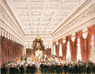 O Casamento de Maximiliano de Hapsburg-Lorraine (1832-67) Arquiduque da Áustria e Charlotte Saxe-Cobourg-Gotha (1840-1927) Princesa da Bélgica, no Chateau de Bruxelles, em 21 de Julho de 1857 (cor litho) de Belgian School