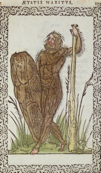 O homem selvagem, a partir de quase todas as nações e países modernos na postura e uma estátua por Jean Sluperji, Antuérpia, 1572 (woodcut da cor) de Belgian School