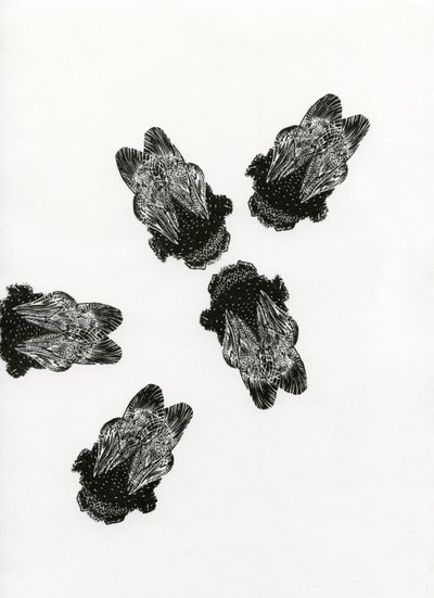 Encontro dos Abelhões, 2013 (gravura em madeira sobre papel) de Bella Larsson