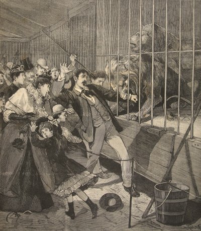 Visitante atacado por um leão em um zoológico, de &39;Le Petit Parisien&39;, 12 de abril de 1891 de Beltrand and Clair Guyot, E. Dete