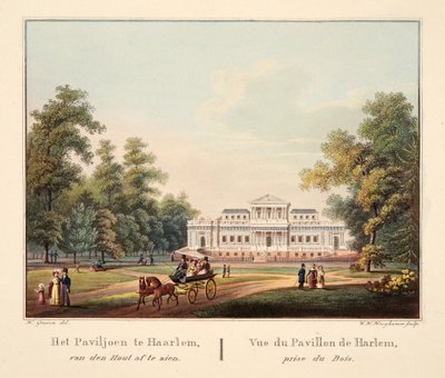 O pavilhão em Jaarlem, van den Hout para ver. Vue du Pavillon de Harlem, prêmio de Bois, 1825 (gravura colorida à mão) de Bendrik Greeven