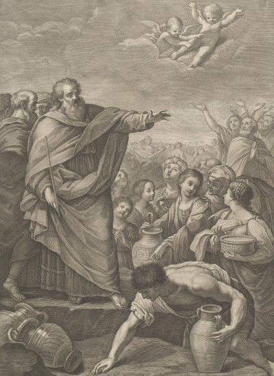 Moisés à esquerda com os israelitas que recolhem o maná ao cair do céu, dois anjos ab..., 1776 de Benedetto Eredi