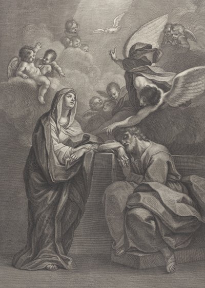 Placa 6: O sonho de São José, com a Virgem Maria à esquerda e um anjo acima que aponta ..., 1777 de Benedetto Eredi