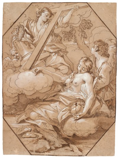 O Êxtase de Santa Maria Madalena, c.1715-19 (caneta e tinta com lavagem marrom, aumentada com branco, com linhas de moldagem octogonais de tinta marrom sobre papel) de Benedetto Luti