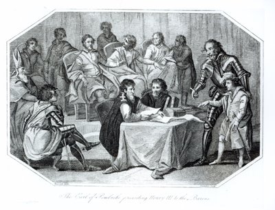 O conde de Pembroke apresentando Henry III (1207-72) aos Barões, 1216 gravada por Saunders de Benezach