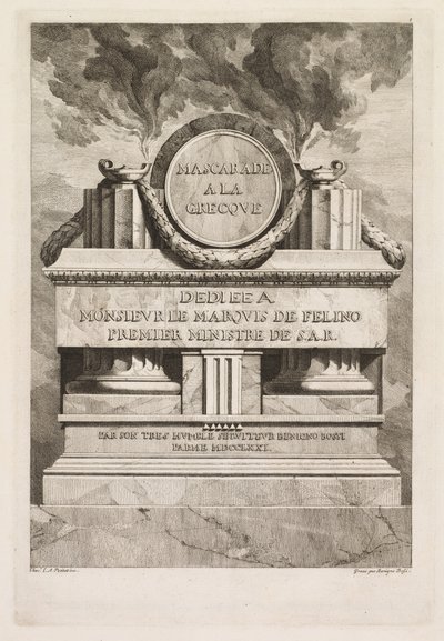 Mascarada Grega: Página de Dedicação, 1771. de Benigno Bossi