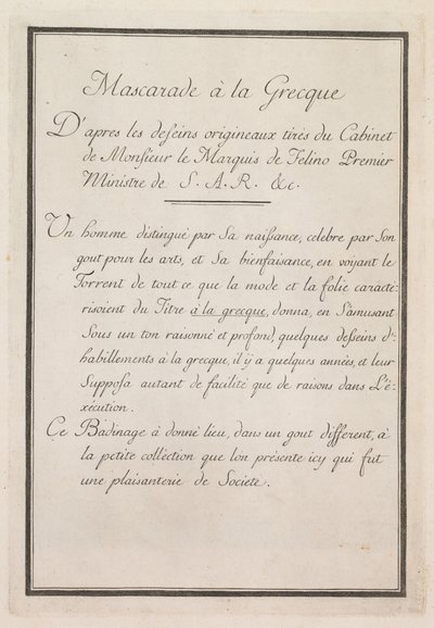 Mascarada Grega: Página de rosto Placa 1, 1771. de Benigno Bossi