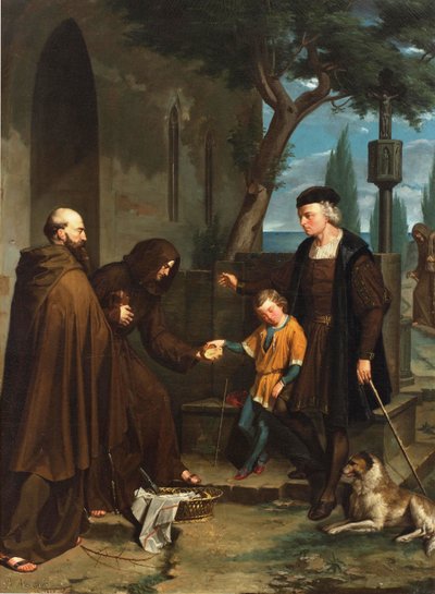 Colombo às portas do convento de Santa Maria da Rábida pedindo pão e água para seu filho, 1858 de Benito Mercade y Fabregas