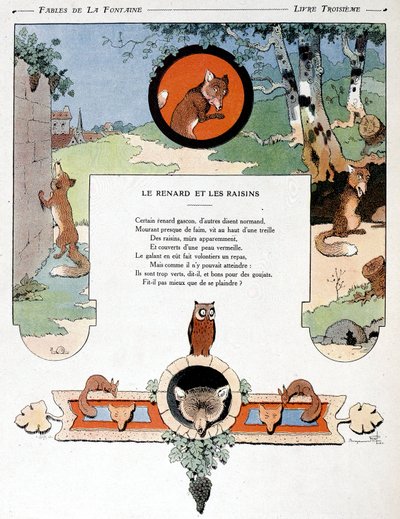 A Raposa e as Uvas, ilustração de "Fábulas" de Jean de la Fontaine de Benjamin (after) Rabier