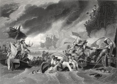 Batalha de La Hogue, gravada por W. French (litho) de Benjamin (after) West