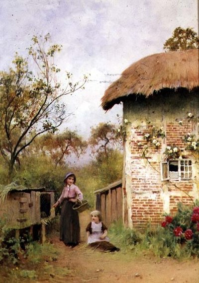 Alimentando os Coelhos (aguarela) de Benjamin D. Sigmund