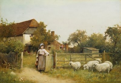 Rapariga com ovelhas, perto de um chalé de Benjamin D. Sigmund