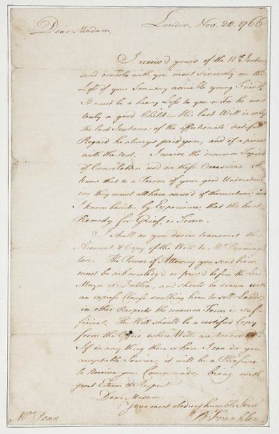 Carta autografada para Sra. Ann Penn, Londres, 20 de novembro de 1766 (caneta e tinta no papel) de Benjamin Franklin