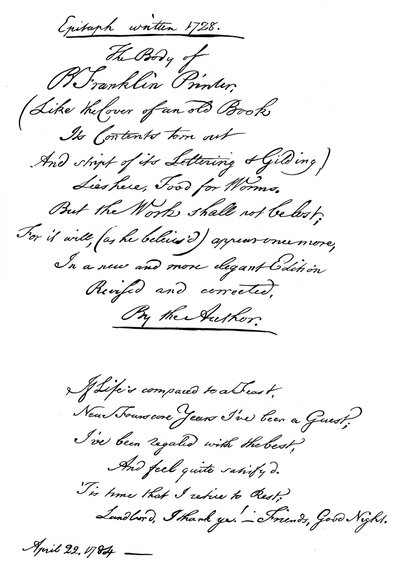 Epitáfio de Benjamin Franklins, escrito por ele mesmo, 1728, 1840 de Benjamin Franklin