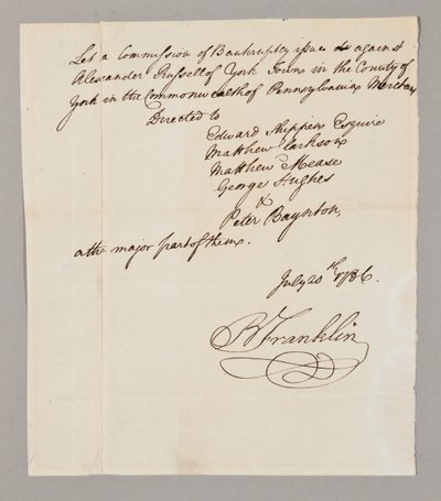 Comissão de falência, 20 de julho de 1786 (caneta e tinta sobre papel) (ver também 2561291-93) de Benjamin Franklin
