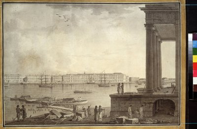 Vista do Palácio de Inverno e da Bolsa de Valores em São Petersburgo. Trabalho de Benjamin Paterssen (1748-1815), lápis e tinta sobre papel, ca. 1790. Arte sueca de Benjamin Patersson