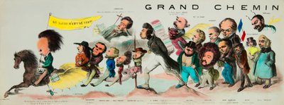 A grande cavalgada do pósterito. (Monte sobre o romântico Pegase, Victor Hugo (1802-1885), rei dos Hugolatros, arma de sua boa lâmina de Toledo e portando a bandeira de Notre-Dame de Paris, levou Theophile Gautier (1811-1872), Bernard Adolphe Granier de Benjamin Roubaud