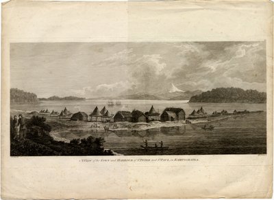 Vista da cidade e do porto de Petropavlovsk-Kamchatsky da viagem ao Oceano Pacífico, 1785 de Benjamin Thomas Pouncey