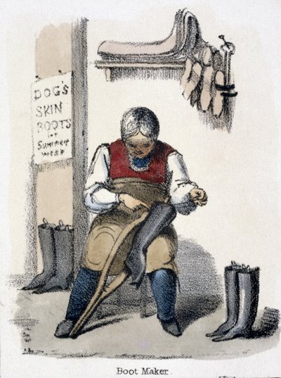 The Boot Maker, do cão em ilustrações gráficas de animais - mostrando sua utilidade para o homem em seu emprego durante a vida e usa após a morte, c.1845 de Benjamin Waterhouse Hawkins