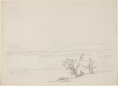 Uma paisagem alpina com um casal sentado por árvores com vista para um vale de Benjamin West