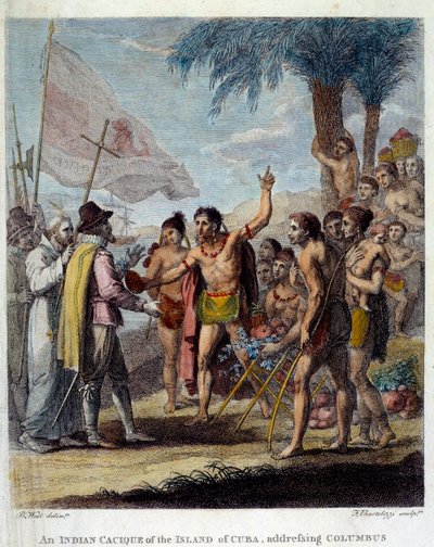 Um cacique indiano da ilha de Cuba dá as boas-vindas a Cristóvão Colombo (1451-1506) e a representantes militares e eclesiásticos europeus para discutir a criação de um novo Estado. Frontispício da "História Civil e Comercial das Colónias Britânicas do W de Benjamin West