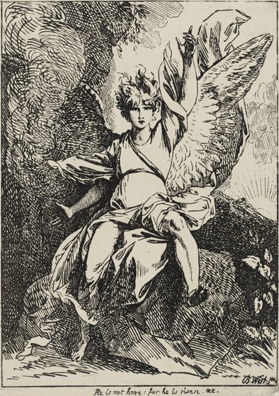O Anjo da Ressurreição, 1801 (litografia de caneta em papel de parede montada na folha de suporte original com aquatinta marrom acinzentado) de Benjamin West