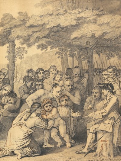 Os índios entregando os prisioneiros ingleses ao Coronel Bouquet perto do seu acampamento no povo de Muskingum na América do Norte em Novembro de 1764, 1765 de Benjamin West