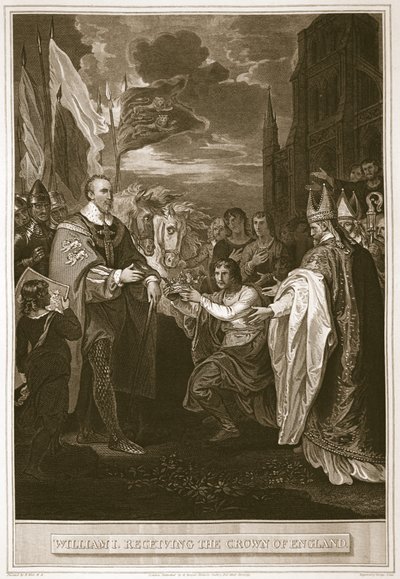 Guilherme I recebeu a coroa da Inglaterra, gravada por George Noble, ilustração de "The History of England", de David Hume, pub. por R. Bowyer, Londres, 1812 de Benjamin West
