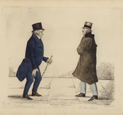 Eminentes edinburgueses, também conhecidos como atenienses modernos, Tenente-General George R Ainslie, Bindon Blood, Esq, de Cranacher (gravura a cores) de Benjamin William Crombie