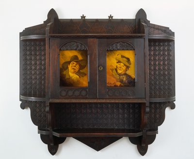 Armário de Parede Suspenso com placas de cerâmica, entalhe atribuído a Mary Madeline Nourse, placas para Artus van Briggle (1869-1904) 1887-99 (nogueira preta e argila vitrificada) de Benn attr.to Pitman