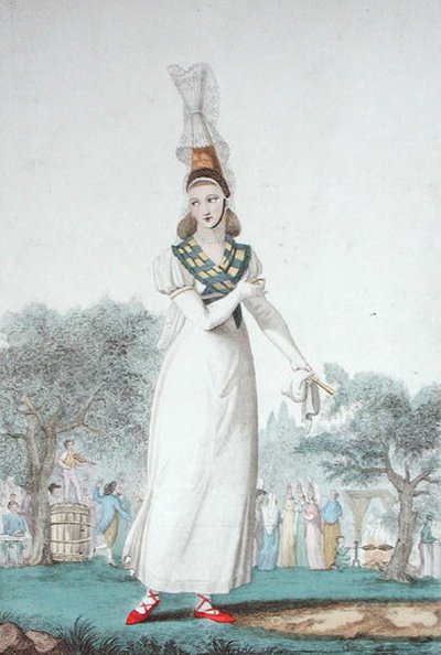 Uma Cauchoise no traje tradicional para dias de festa, gravada por Gatine c.1830 (cor litho) de Benoit (after) Pecheux