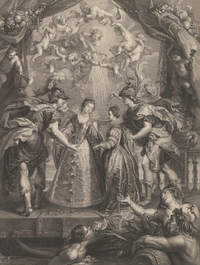 Gravura 17: A troca das duas princesas em Hendaye, cena alegórica com Ana de..., 1707-10 de Benoit Audran I