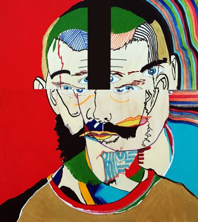 Surportrait : Mathieu Leroux, 2021 (óleo e acrílico sobre 3 painéis de madeira justapostos) de Benoit Erwann Boucherot