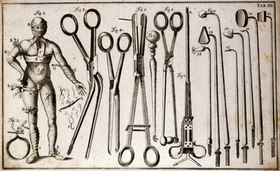 Diferentes tipos de fórceps e instrumentos cirúrgicos. Um homem que usa diferentes tipos de torneios e ligaduras. Placa de cirurgia ilustrada por Benoist Louis Prevost (1735-1809). Século XVIII de Benoit Louis Prevost