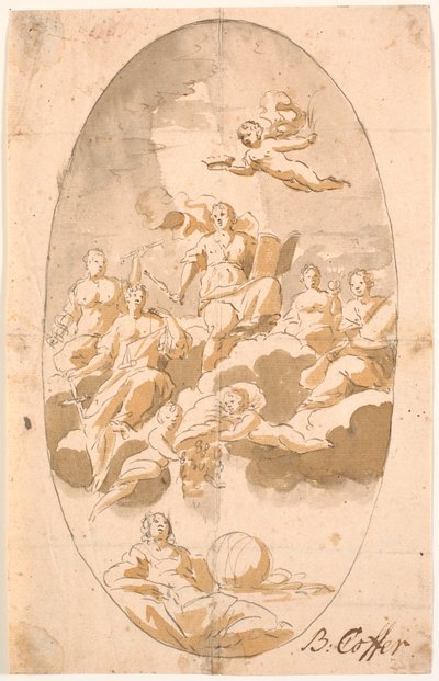 Estudo para pintura de teto com nove figuras, oval de Benoît Le Coffre