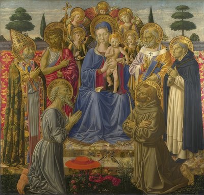 Madonna e criança cercada por anjos e santos. 1461-62 de Benozzo Gozzoli