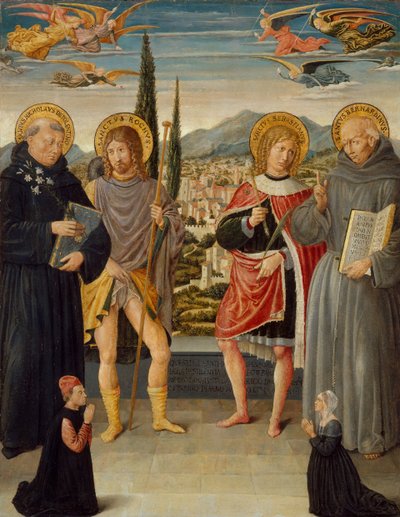 São Nicolau de Tolentino, Roch, Sebastian e Bernardino de Siena ..., 1481. de Benozzo Gozzoli