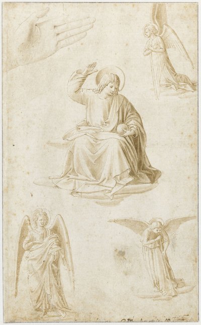 Estudos de uma mão, três anjos e Cristo como Salvator Mundi, segunda metade do século XV de Benozzo Gozzoli