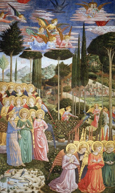Anjos em uma paisagem celestial, a parede da mão esquerda da abside, da jornada do ciclo magi na capela c .1460 (para detalhes ver 83051) de Benozzo di Lese di Sandro Gozzoli