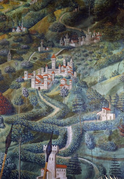 Castelos, detalhe paisagístico da Procissão dos Reis Magos de Benozzo di Lese di Sandro Gozzoli