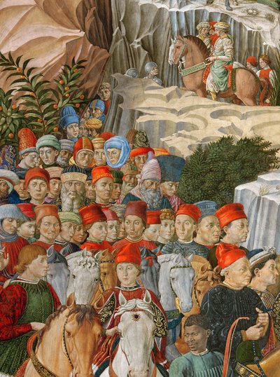 Rostos na procissão, incluindo um auto-retrato de Gozzoli (usando um boné vermelho com a inscrição em ouro: Opus Benotii), detalhe do ciclo Jornada dos Magos na capela, c.1460 (d de Benozzo di Lese di Sandro Gozzoli