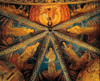 Itália, Montefalco, Abóbada da abside da Igreja de São Francisco Pintada com santos de Benozzo di Lese di Sandro Gozzoli