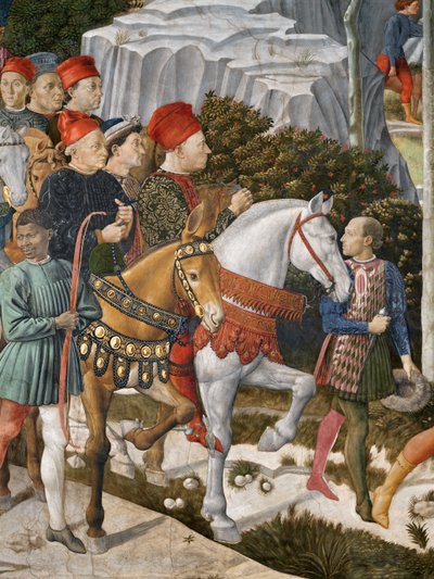 Retratos de Piero deMedici em uma mula, centro de Cosimo deMedici e o duque Salviati a cavalo, detalhe da jornada do ciclo magi na capela, detalhe c.1460 afresco de 70619 de Benozzo di Lese di Sandro Gozzoli