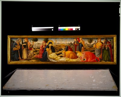 Painel Predella - Lamentação com dois santos masculinos apresentando dois demónios masculinos de Benozzo di Lese di Sandro Gozzoli