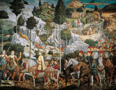 Procissão dos Reis Magos a Belém, de Benozzo Gozzoli (1420-1497), afresco, tempera e óleo na parede, Capela do Palazzo Medici Riccardi, Florença de Benozzo di Lese di Sandro Gozzoli