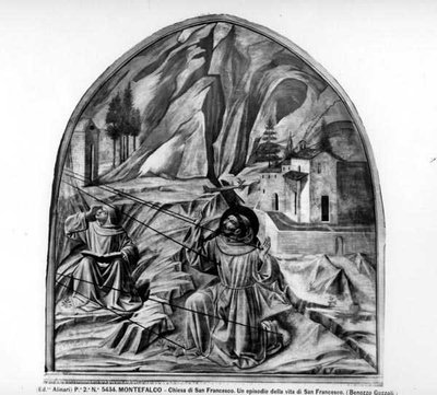 São Francisco Recebendo os Estigmas (fresco) (foto a p/b) de Benozzo di Lese di Sandro Gozzoli