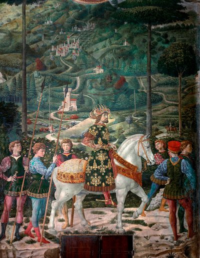 O Imperador Bizantino "A Viagem dos Reis Magos". Cortege of the Magi of Jerusalem a Bethleem chama em italiano "Viaggio dei Magi" ou "Cavalcata dei Magi". detalhe representando o Imperador bizantino João VIII Paleólogo (1392-1448). Pormenor. Fresco dos Rei de Benozzo di Lese di Sandro Gozzoli