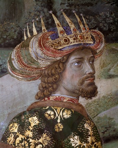 A Viagem do Cortejo dos Magos de Jerusalém a Belém chama em italiano "Viaggio dei Magi" ou "Cavalcata dei Magi" Detalhe de Balthasar sob os traços de João VIII Paleólogo, Imperador Bizantino (João VII Palaiologos (ou Palaeologus)) Fresco de Benozzo di Lese di Sandro Gozzoli