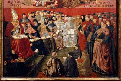 O triunfo de São Tomás de Aquino (1225-1274) Detalhe representando o Papa Sisto IV (1414-1484) presidindo um concílio na presença de São Tomás de Aquino e São Boaventura (a quem ele induziu). Pintura de Benozzo di Lese di Sandro dit Benozzo Gozz de Benozzo di Lese di Sandro Gozzoli